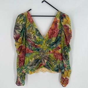 Amur Jerre Chiffon Deep V Long Sleeve Blouse In Tropical Woodgrain Floral